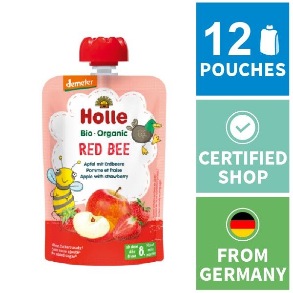 12x Holle Fruit Pouches - Red Bee - Apple With Strawberry.