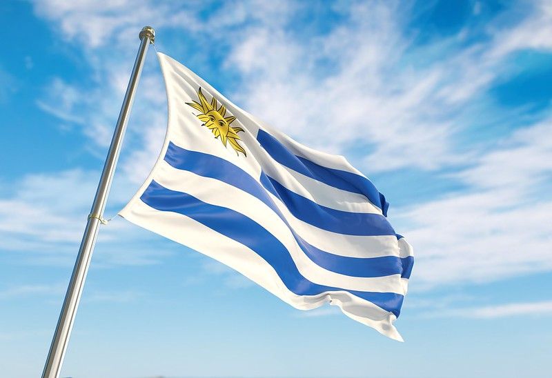 Uruguay flag waving in the wind on flagpole