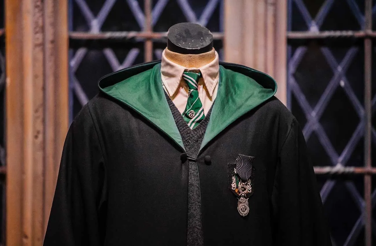 Slytherin robes on a mannequin at Warner Bros. Harry Potter Studio Tour
