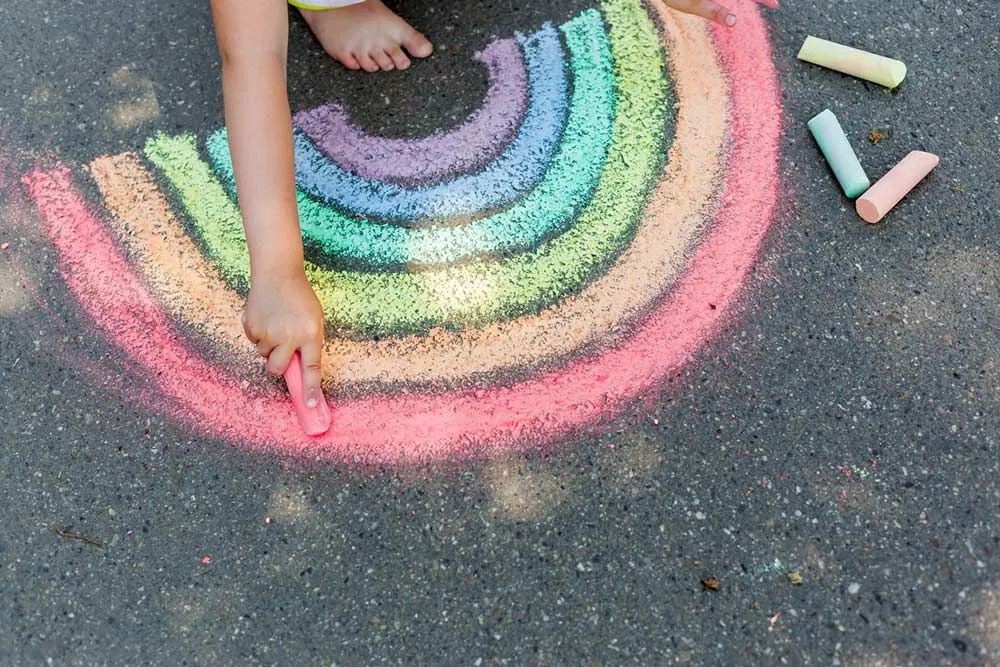 drawing a rainbow in chalk on the ground
