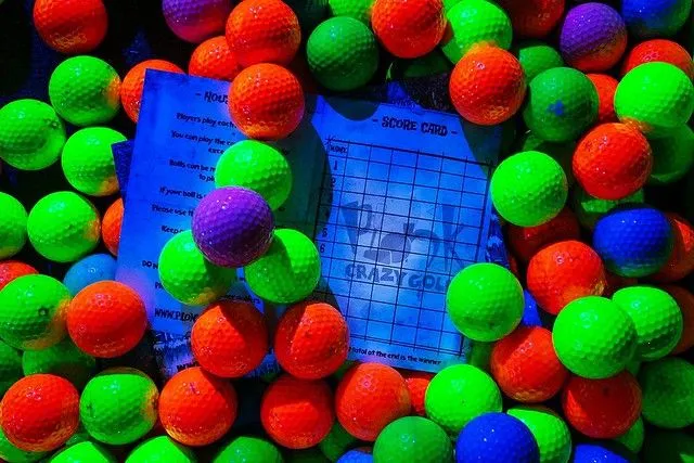 Brightly coloured neon golf ball at Plonk Crazy Golf
