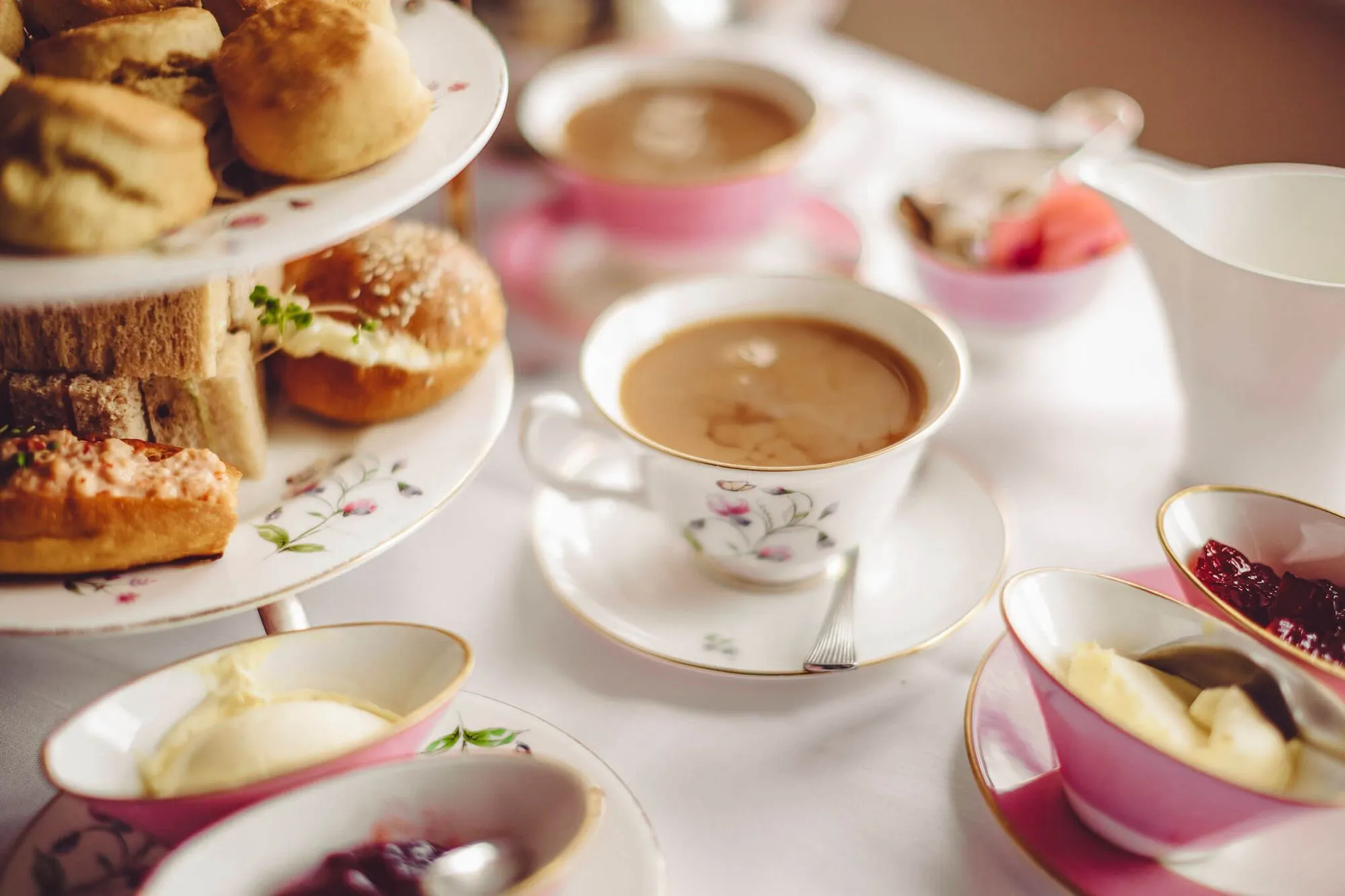 Afternoon tea laid out on a table.