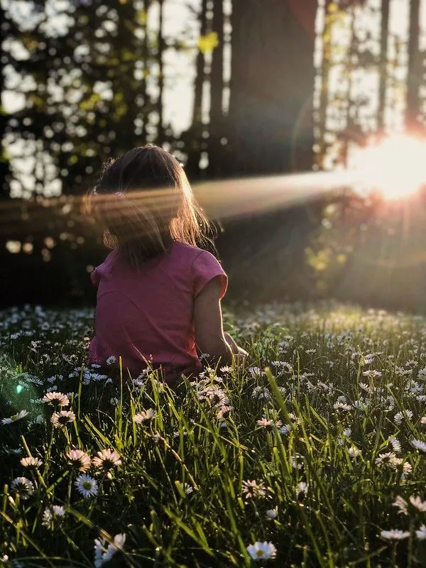 Young girl relaxing in a field of flowers.