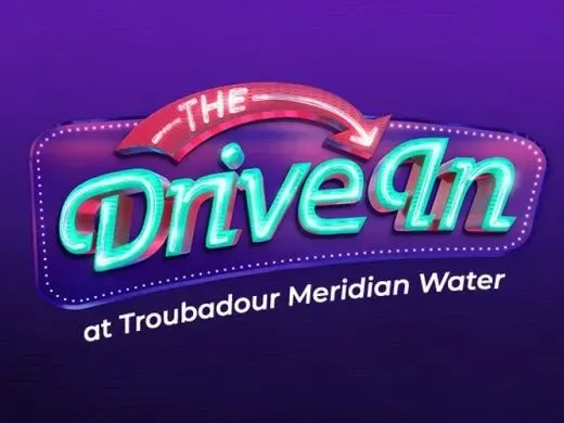 Retro The Drive In logo against a purple background.