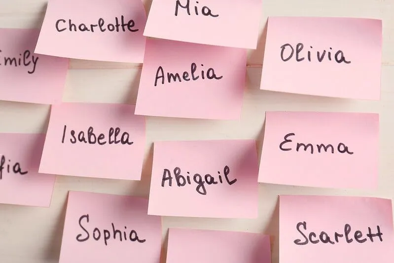 Pink post-it notes suggesting chic old lady names.