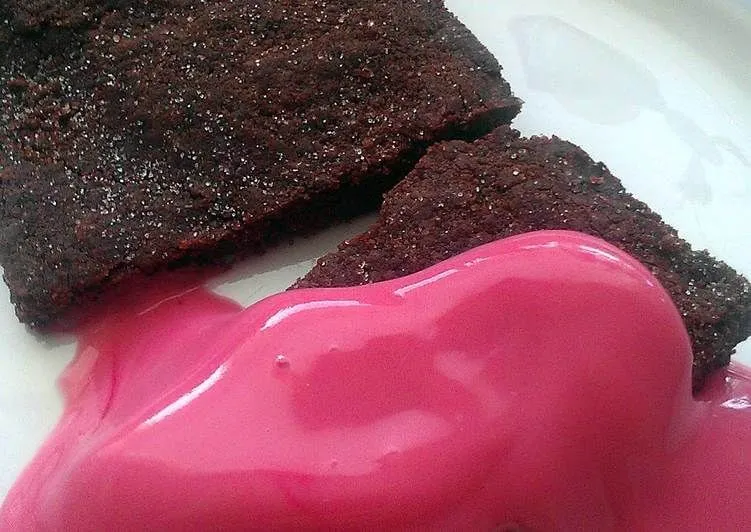 Chocolate Concrete Cake with Pink Custard