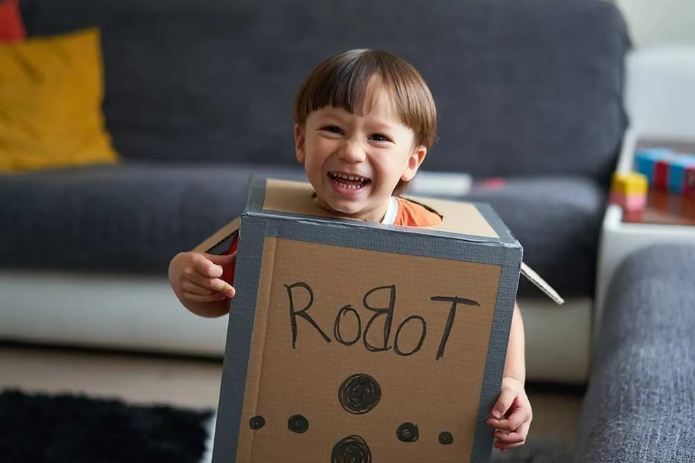 young boy in homemade robot costume