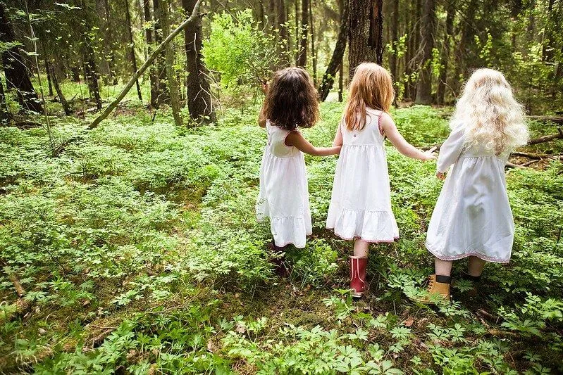 Children playing in the forest in Cheshire.