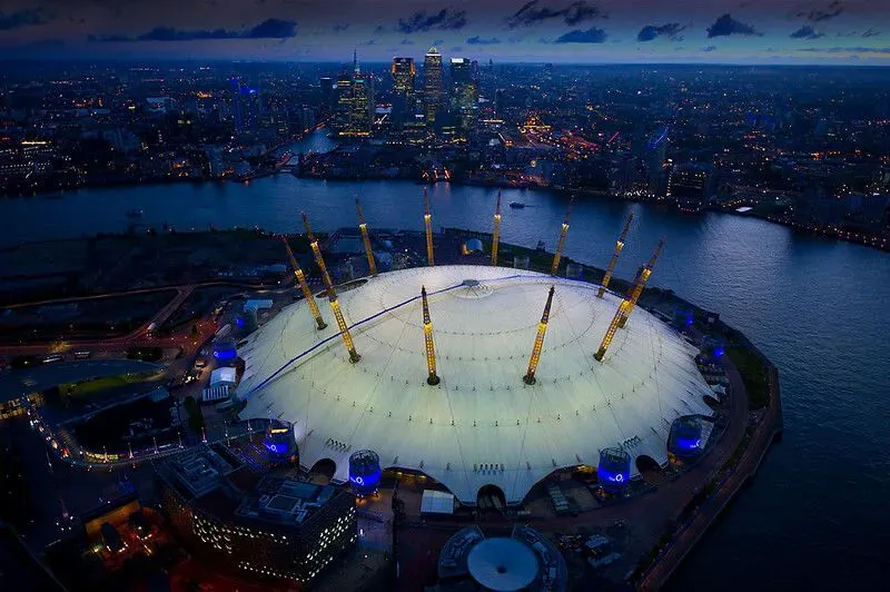 View of the O2 Arena at night from above.