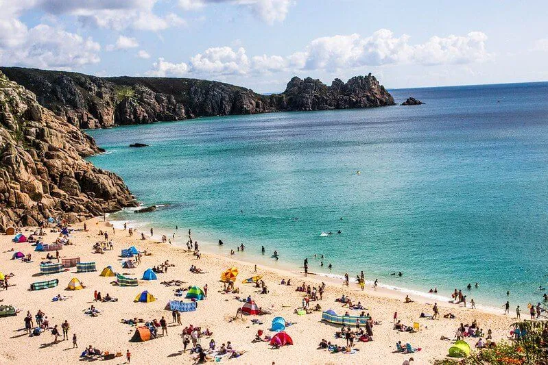 sunny beach in Cornwall with families