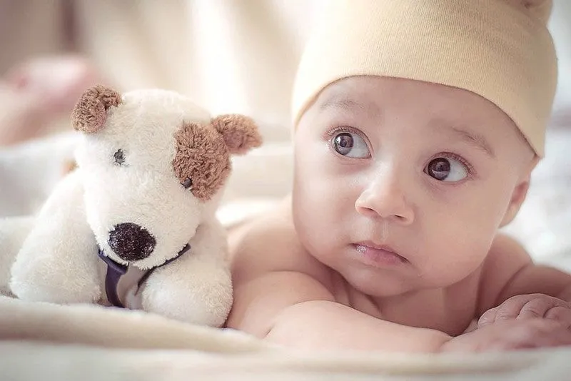 Baby with a stuffed toy dog wearing a hat could be named with one of our Turkish boys' names.