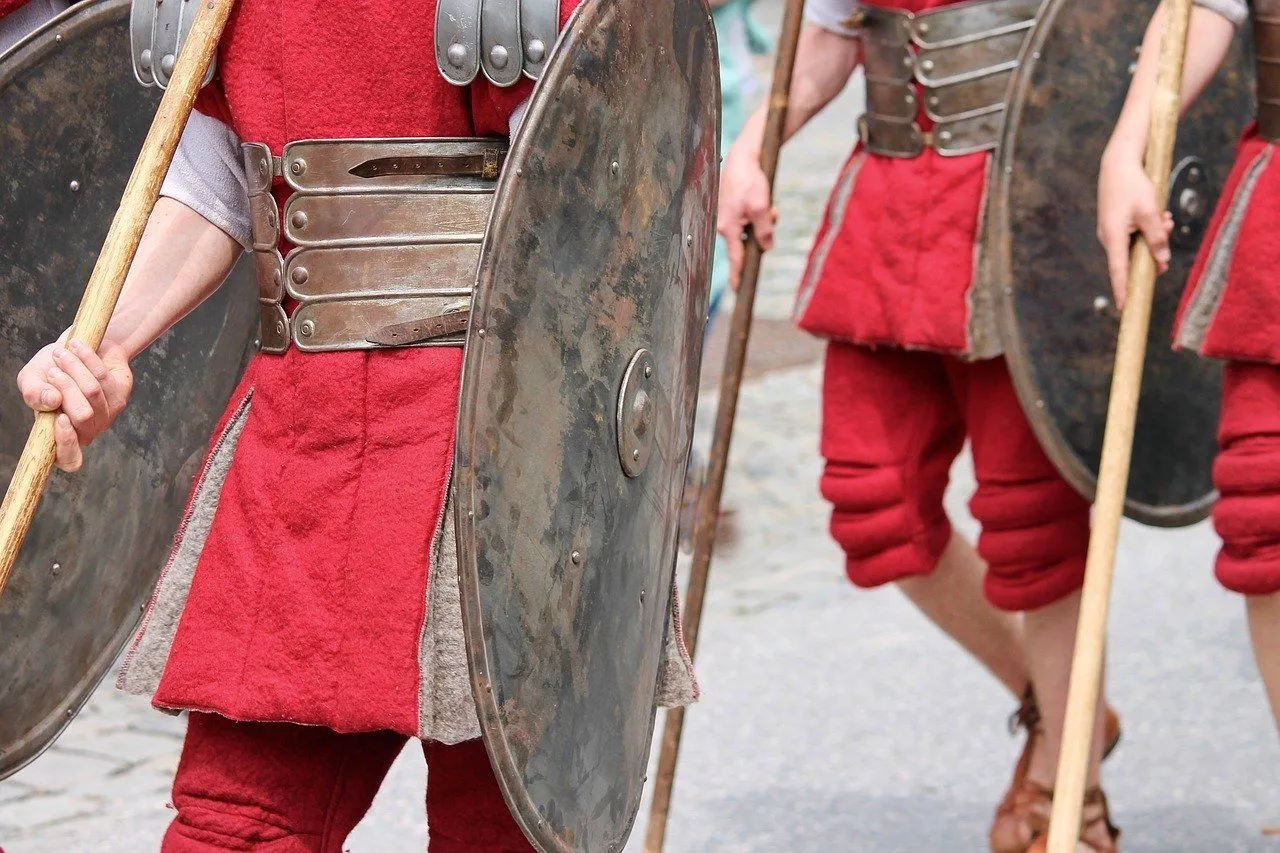 Men in Roman Armour At Roman Reenactment with Shields and Spears