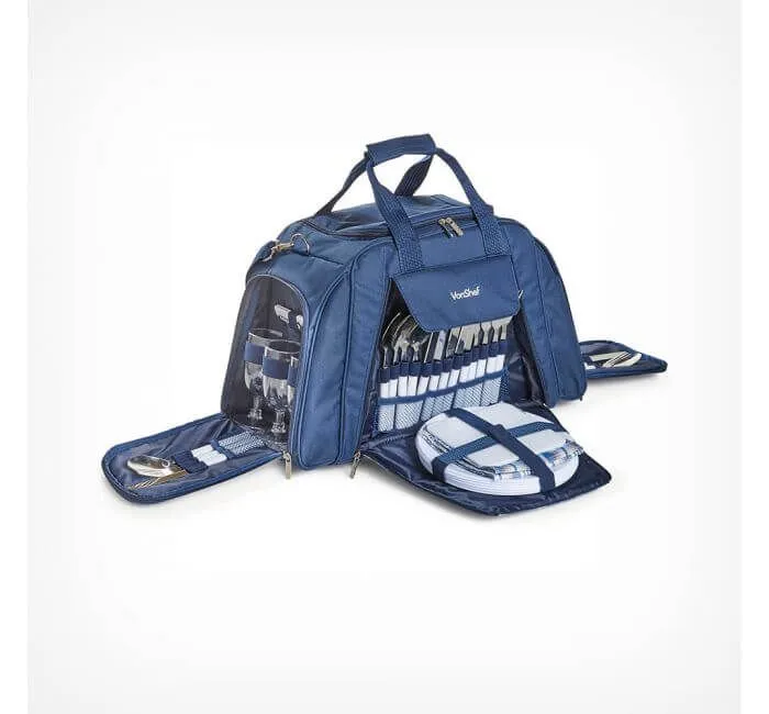 blue picnic holdall with cutlery and glasses built in