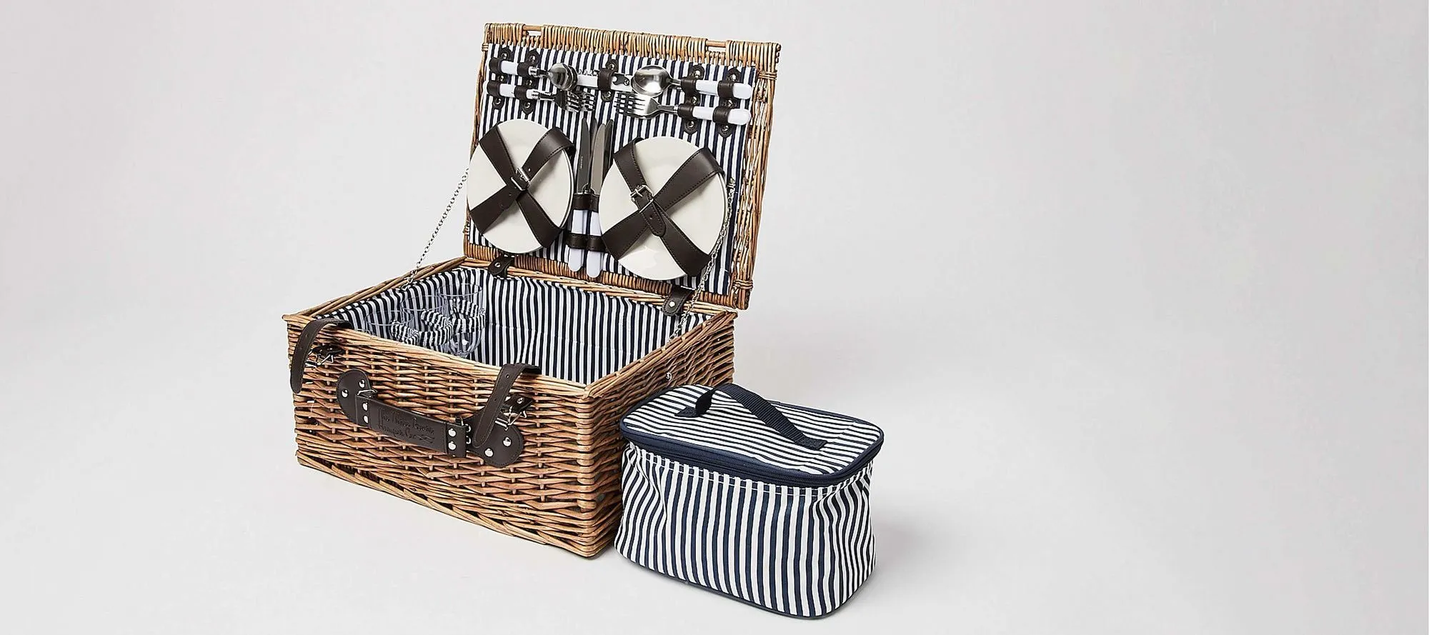 navy and white striped picnic basket 