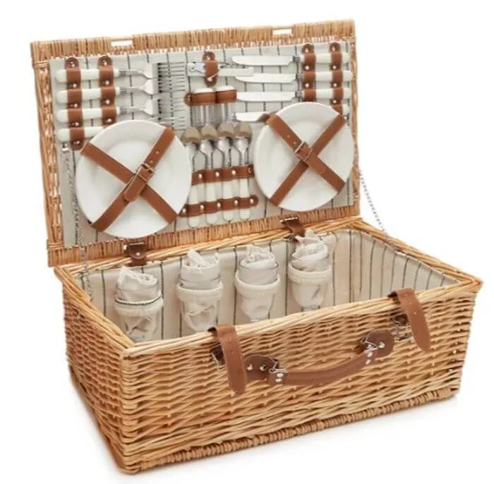 open picnic basket hamper with leather straps