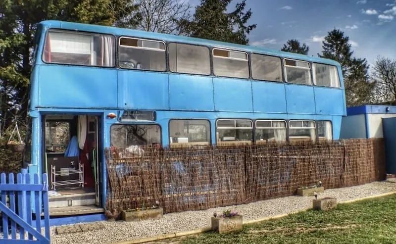 Converted retro double-decker bus at Pigeon Door, Ryton.