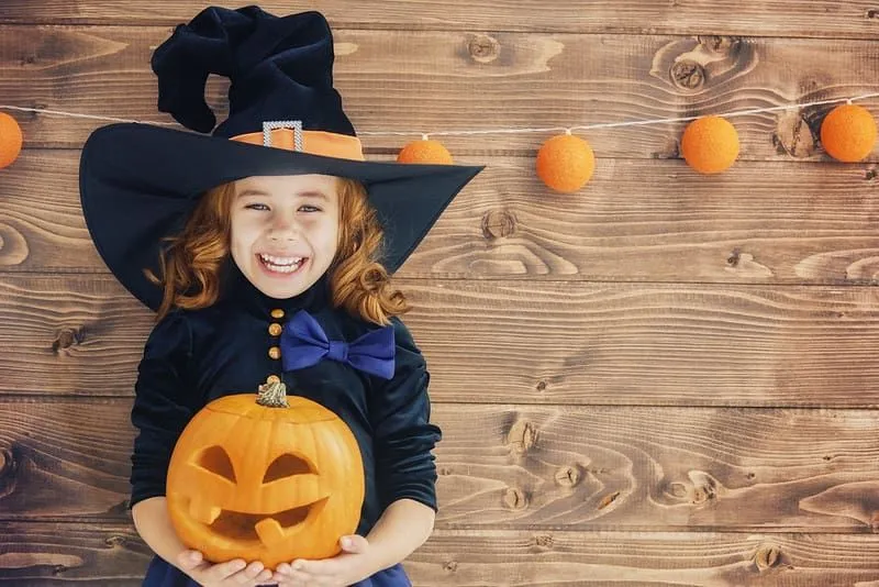 Little girl wearing a witch's hat holding a carved pumpkin for Halloween.