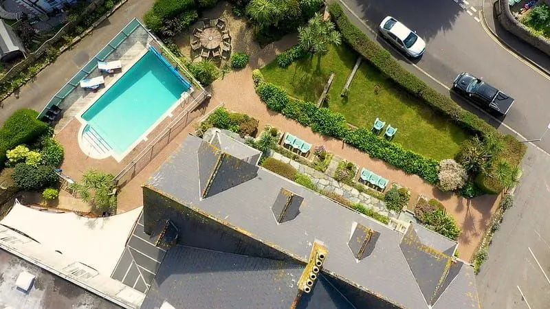 Birdseye view of the Hotel Penzance, Cornwall, and outdoor swimming pool.