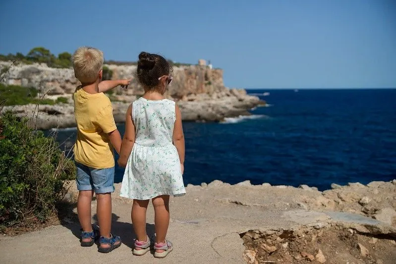 Two young children holding hands. They are stood on a cliff facing the water and one is pointing at the sea. 