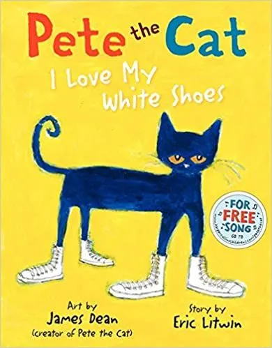 Cover of Pete the Cat: I Love My White Shoes. A navy blue cat wearing white shoes is stood against a yellow background.