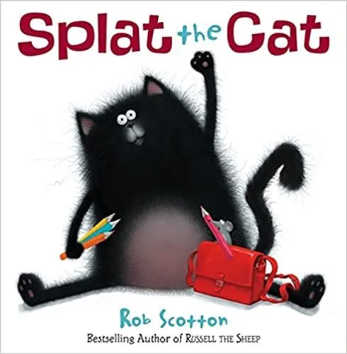Front cover of Splat The Cat. A black cat is sat against a white background, with one paw in the air and the other holding pencils.