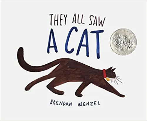 Cover of They All Saw A Cat: a dark brown cat is walking, with it's face turned away. The background is plain white.