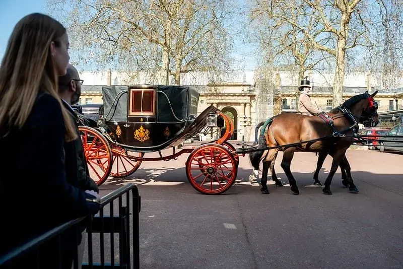 Visitors at the Royal Mews watching the horse-drawn carriages. 
