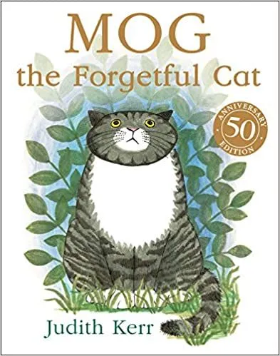 Cover of Mog The Forgetful Cat. A black and grey striped cat is looking up, with some plants behind. The background is white.