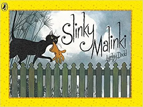 Cover of Slinky Malinki. A black cat is walking across a dark green fence at night. There is a thick yellow border surrounding the scene.