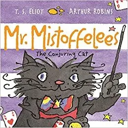 Cover of Mr Mistoffelees: a smiling grey cat in a bow-tie is holding a magic wand. The background consists of purple and white stripes.