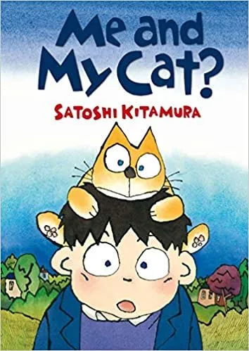 Cover of Me and My Cat: against a rural background with a clear blue sky, a cartoon boy has an orange cat on his head and both of them look surprised.
