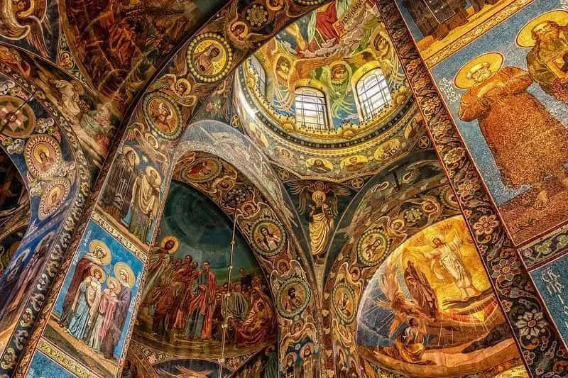 View of a huge religious mosaic inside a church.