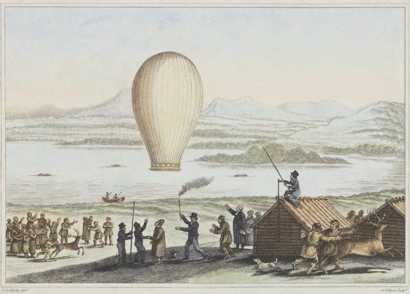 Drawing of a hot air balloon flying off in the past.