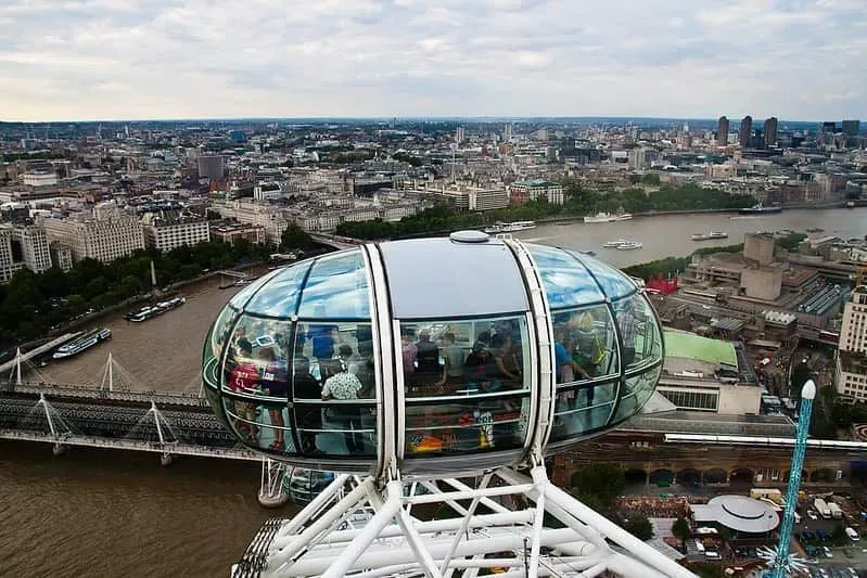 People in a pod on the London Eye looking at the London skyline.