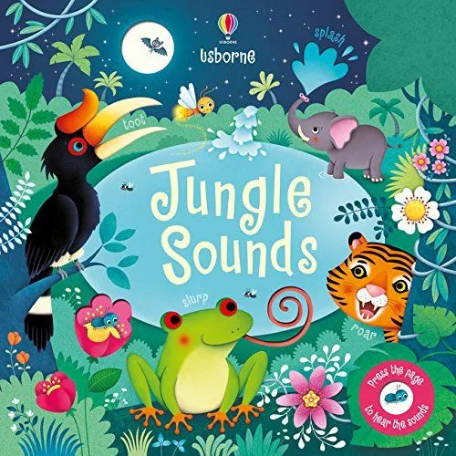 Cover of Jungle Sounds: an array of smiling animal and colourful plant life are set against the night sky.