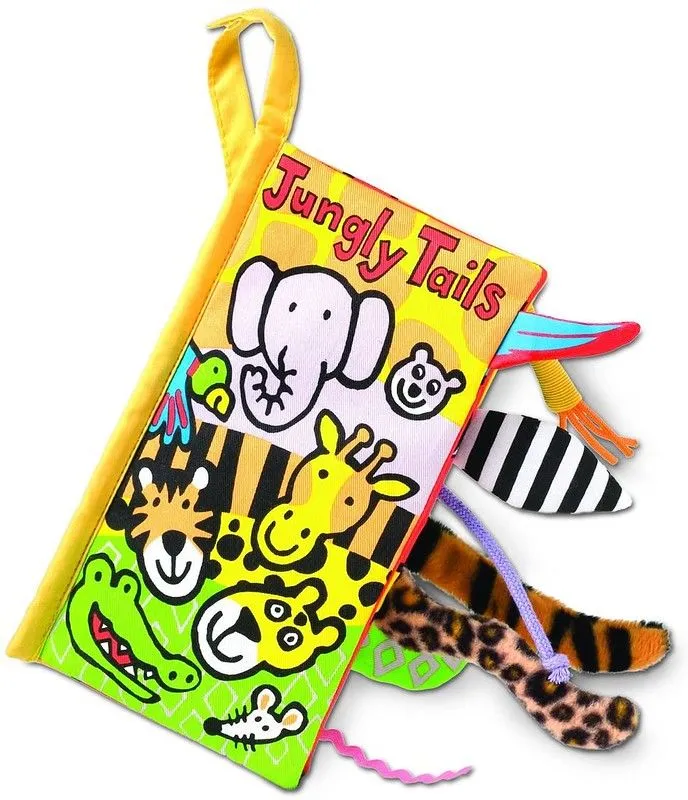 Cover of Jungly Tails: cartoons of jungle animals, with fabric animal tails sticking out of the book.