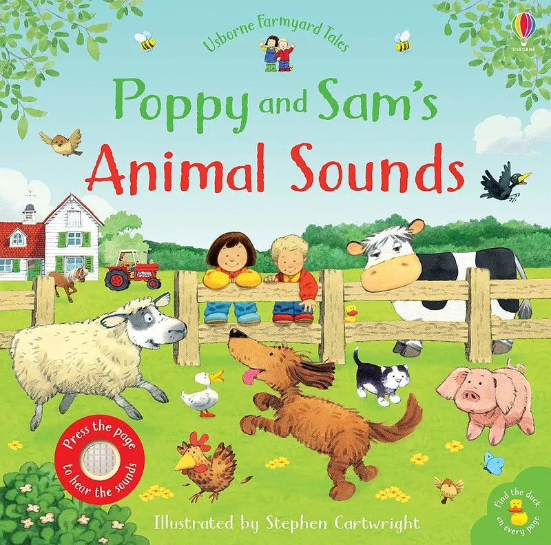 Cover of Poppy and Sam's Animal Sounds: two children and a cow watch some farm animals play from behind a fence.