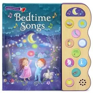 Cover of Bedtime Songs: a boy and girl are looking up in a forest, amazed by the sparkling lights in the night sky.