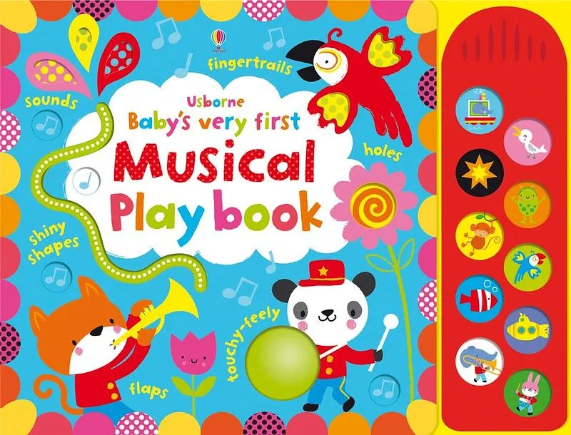 Cover of Baby's Very First Musical Playbook: two colourful animals are playing instruments and a parrot is singing. The background is blue, decorated with bright pattens and musical notes.