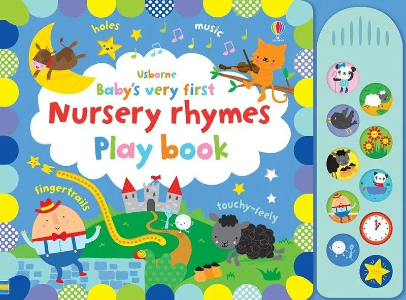 Cover of Baby's First Noisy Nursery Rhymes Playbook: popular nursery rhyme characters are decorated around the night sky hill scene, with a distant castle in the background.