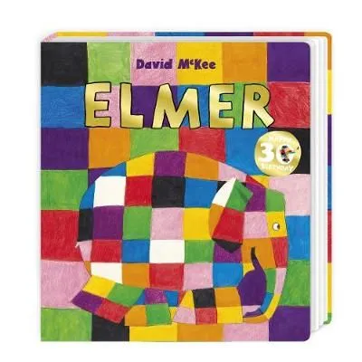 Cover of Elmer: a smiling elephant with a rainbow patchwork pattern on its body is walking, and the background has the same patchwork pattern.