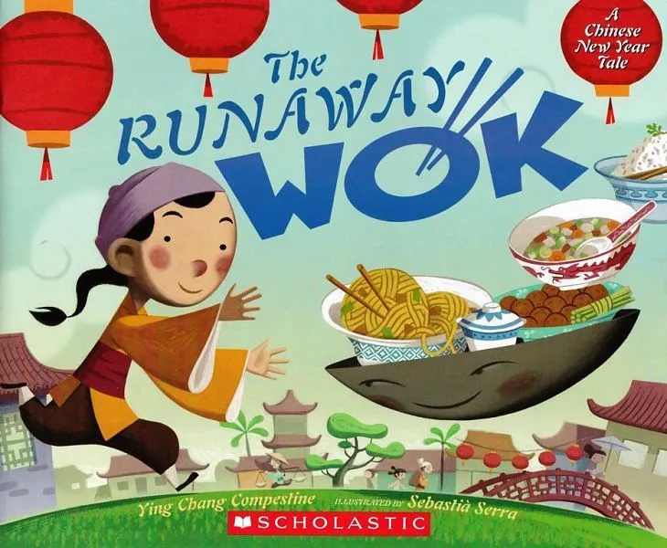 Cover of The Runaway Wok: a young girl is running on the grass in the neighbourhood, trying to catch her wok full of food ahead of her.