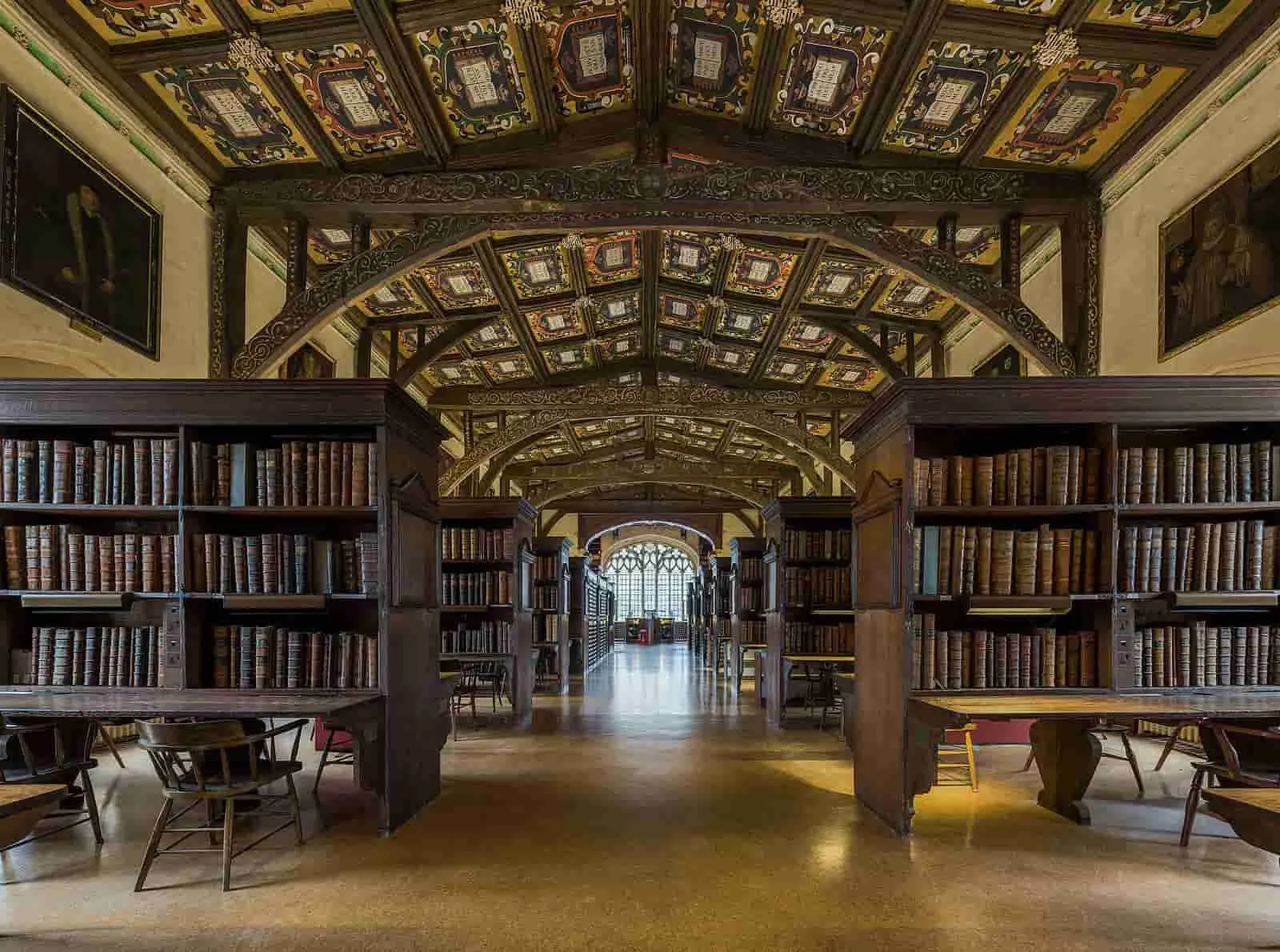 The Bodleian Library interior, in the Duke Humfrey's room, an extravagantly decorated study space.