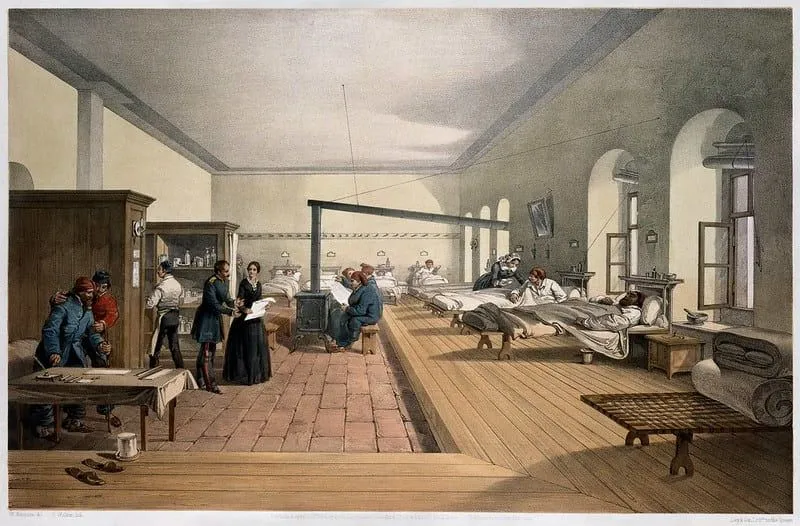Illustration of the inside of an old hospital.