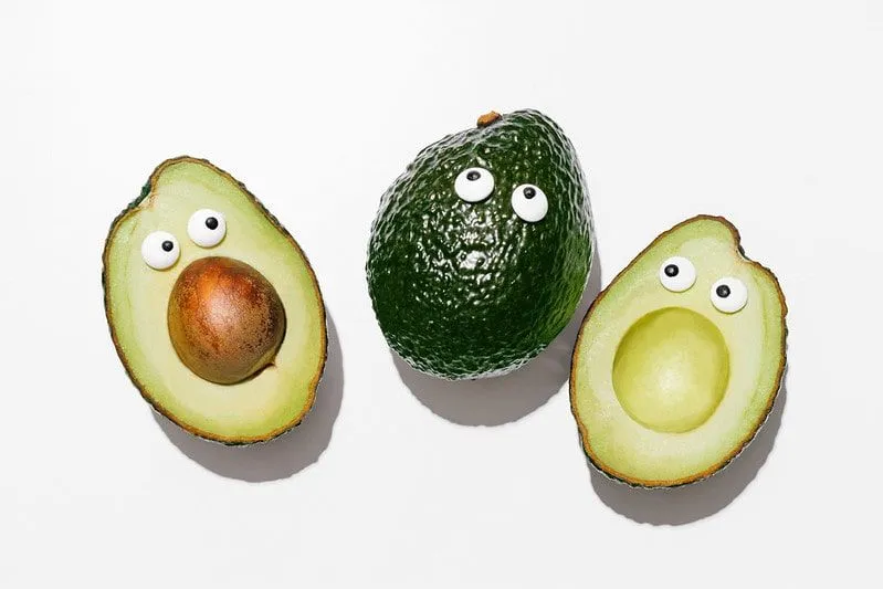Funny avocados with googly eyes on them.