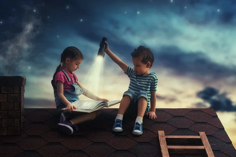 Two kids sat on a rooftop reading a booking with a flashlight under a starry night sky.