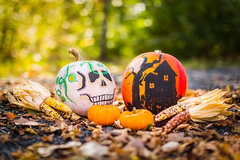 Two pumpkins painted with Halloween pictures on them. One has a skeleton face, the other a haunted house.