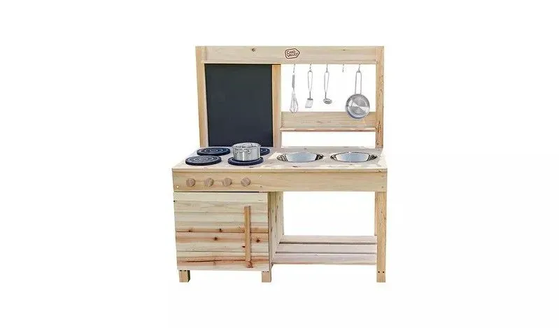 A Chad Valley Wooden Mud Kitchen with 4 hobs, 2 sinks, a blackboard and 8 utensil pieces.