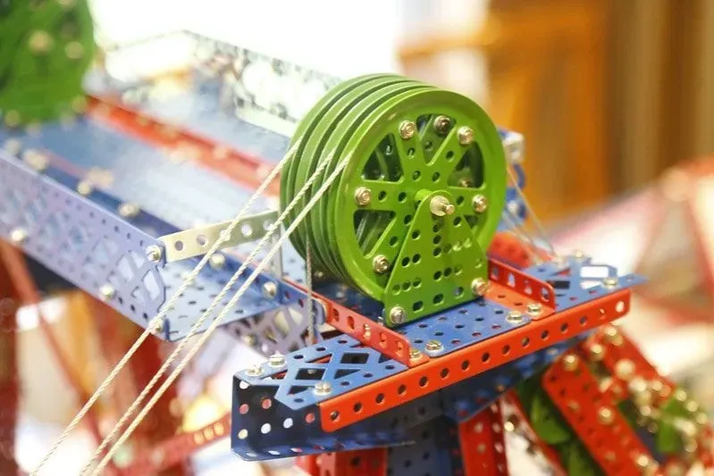 A lego pulley system shows forces at work.
