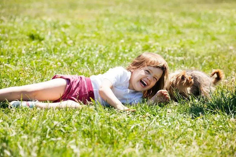 Little girl lying on the grass next to her dog laughing at Shrek jokes.